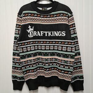 Draft Kings Sweater Mens Large Black Multicolor Striped Knit Crew Neck Christmas